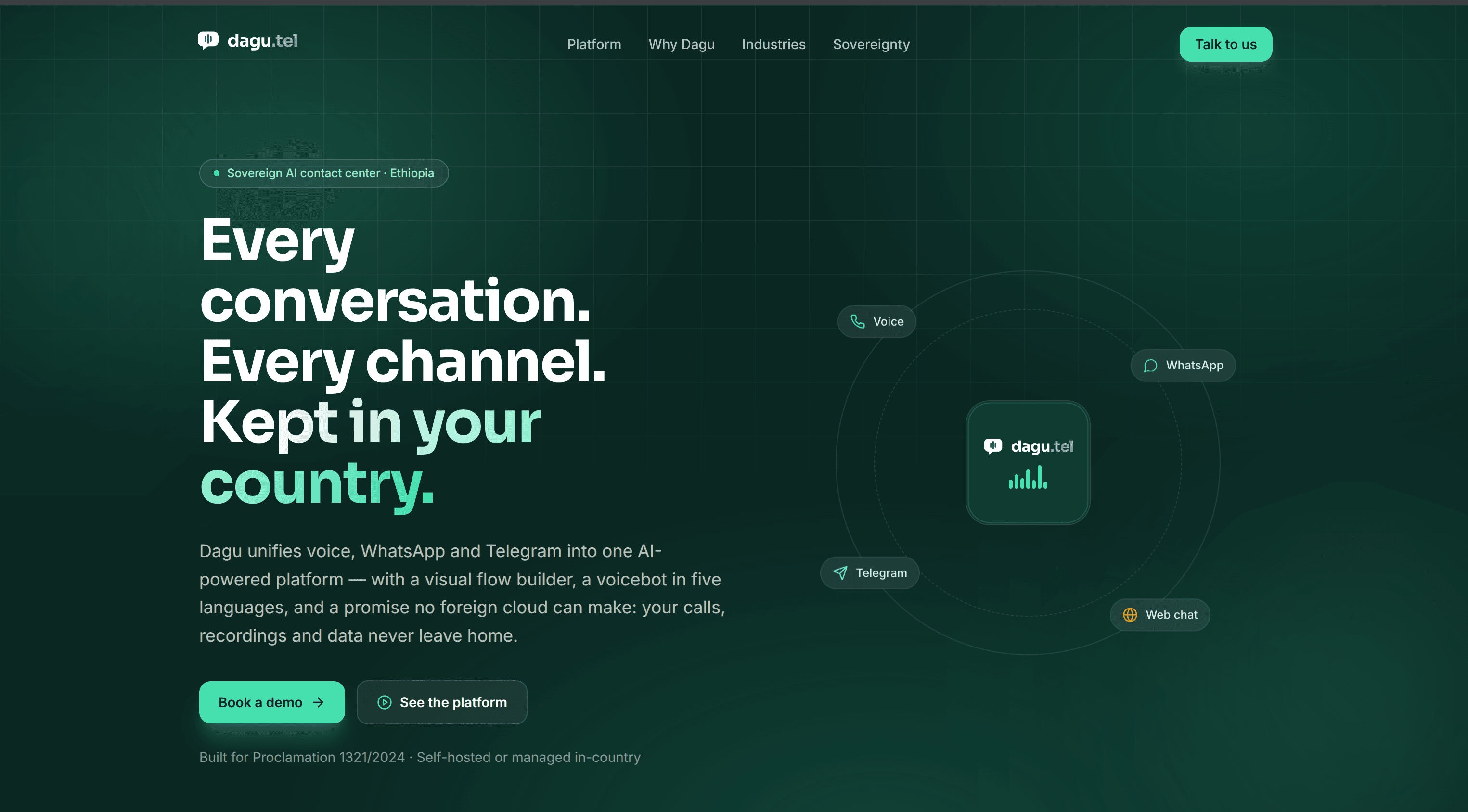 Dagu.tel sovereign AI contact center homepage — voice, WhatsApp, and Telegram unified in Ethiopia